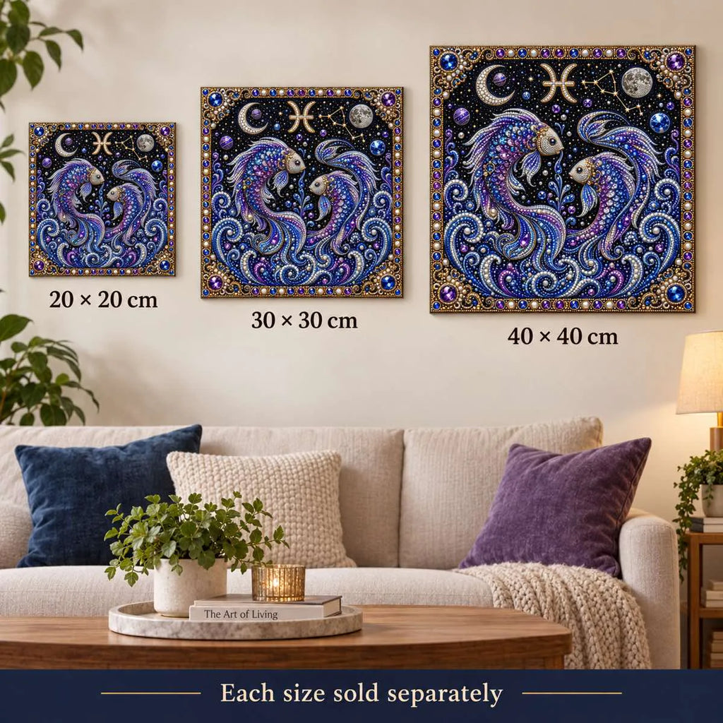 pisces artwork size comparison for 20, 30 and 40 cm options; each sold separately