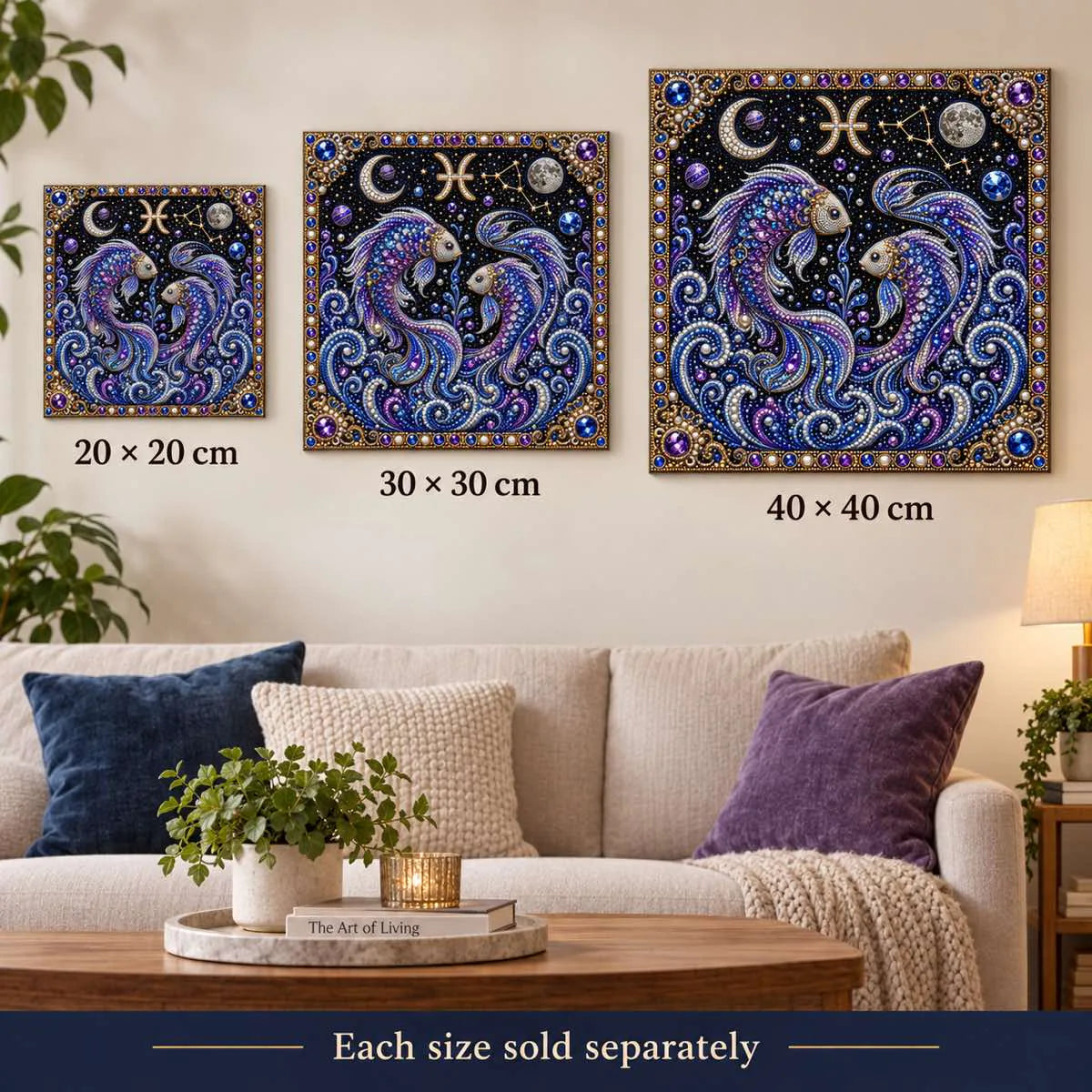 pisces artwork size comparison for 20, 30 and 40 cm options; each sold separately