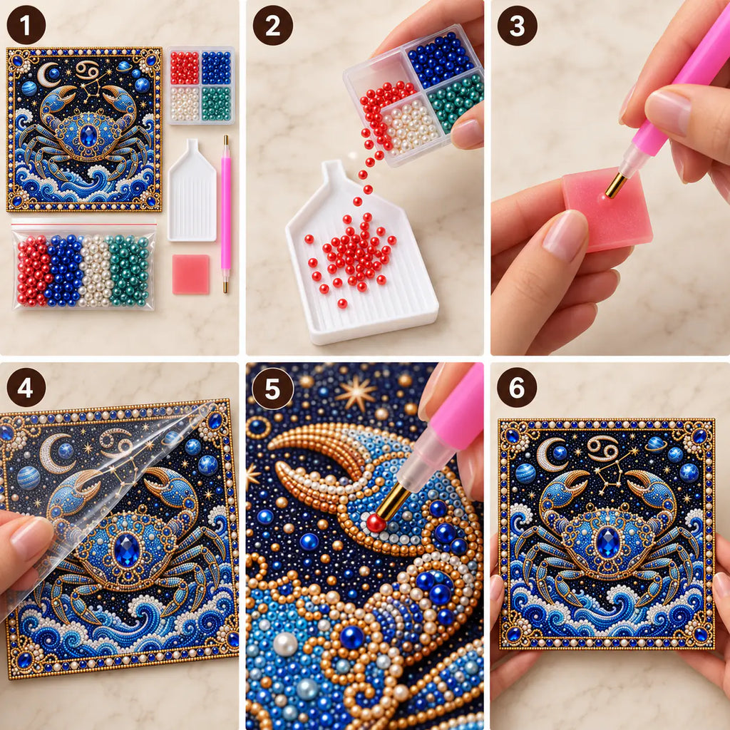 Six illustrated steps for placing pearls on the pisces design