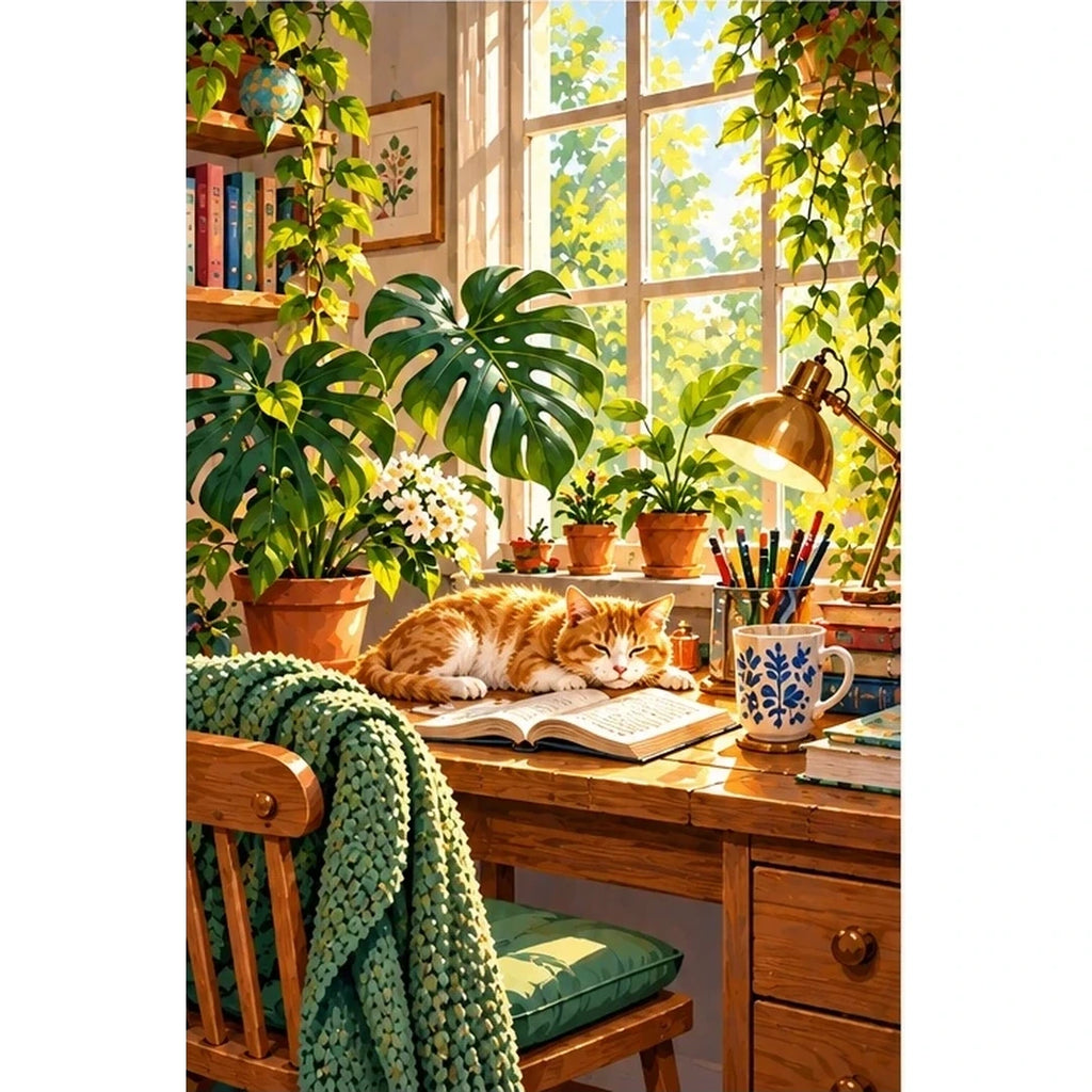 Plant Filled Desk Morning Light — original artwork on a clean white background