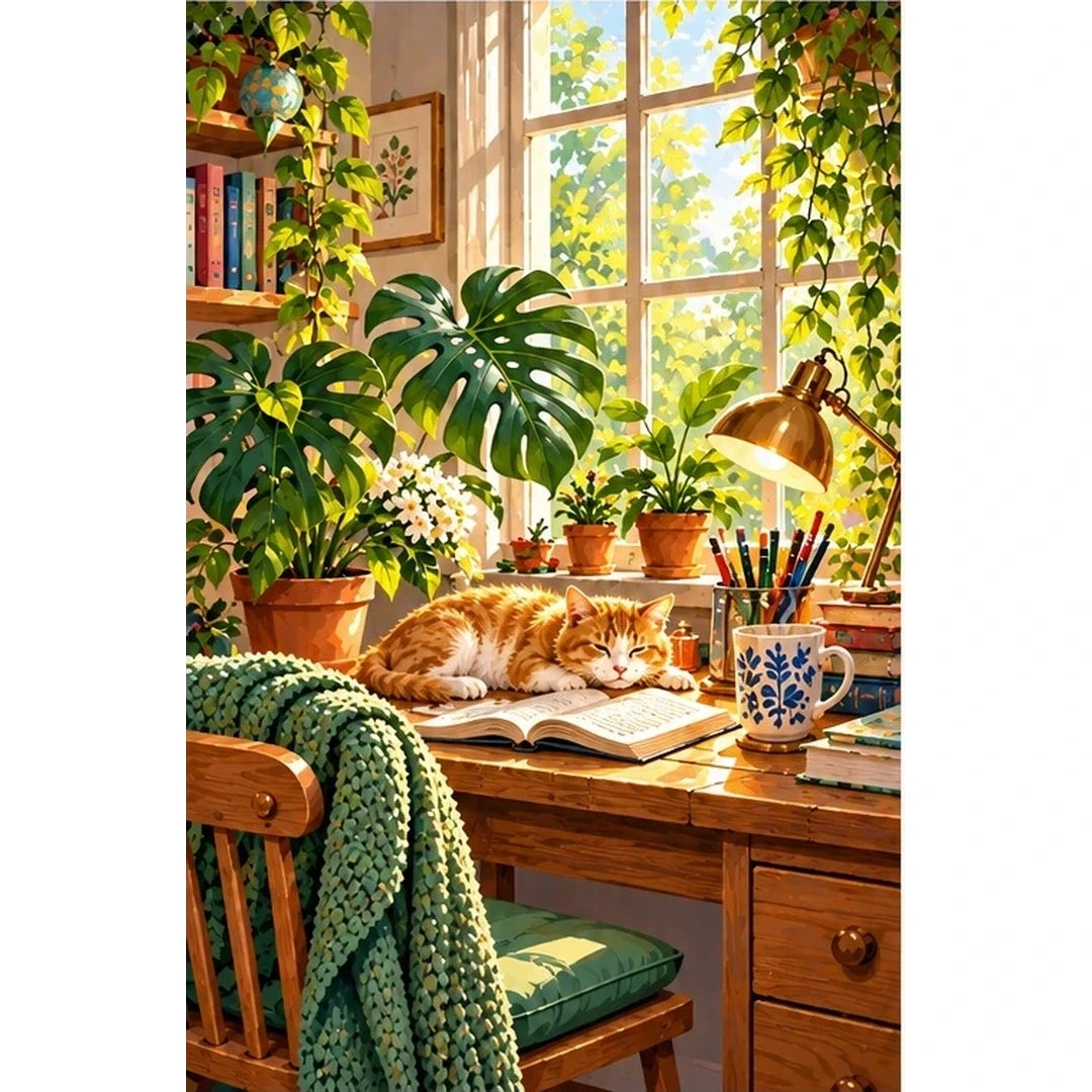 Plant Filled Desk Morning Light — original artwork on a clean white background