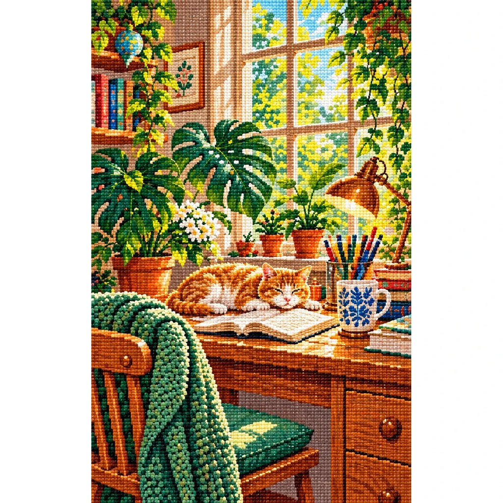 Plant Filled Desk Morning Light — finished diamond painting on a white background