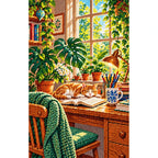 Plant Filled Desk Morning Light — finished diamond painting on a white background