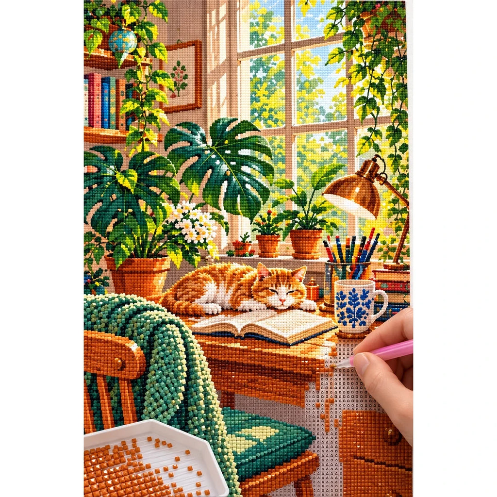 Plant Filled Desk Morning Light — diamond painting process with applicator pen