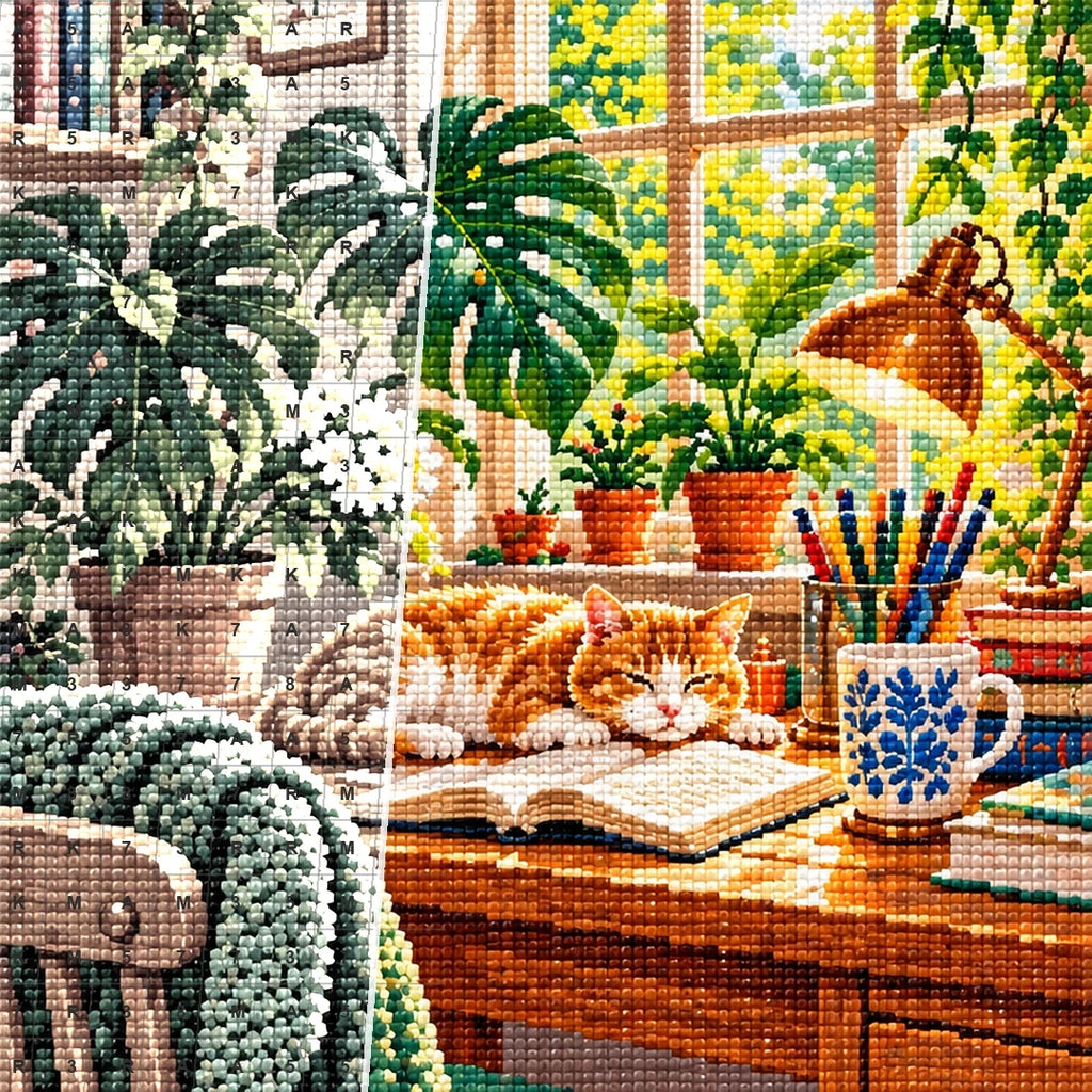 Plant Filled Desk Morning Light — close-up canvas and resin drill detail