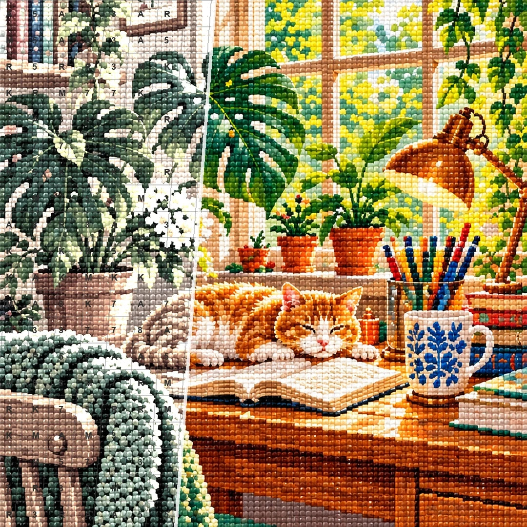 Plant Filled Desk Morning Light — close-up canvas and resin drill detail