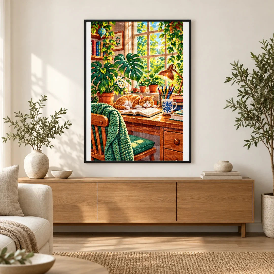 Plant Filled Desk Morning Light — finished diamond painting displayed in a home interior