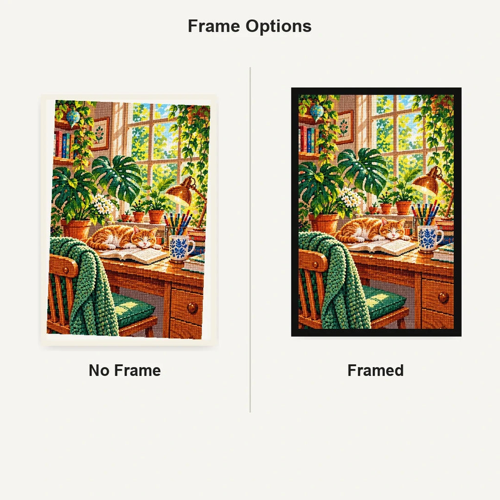 Plant Filled Desk Morning Light — No Frame and Framed style comparison