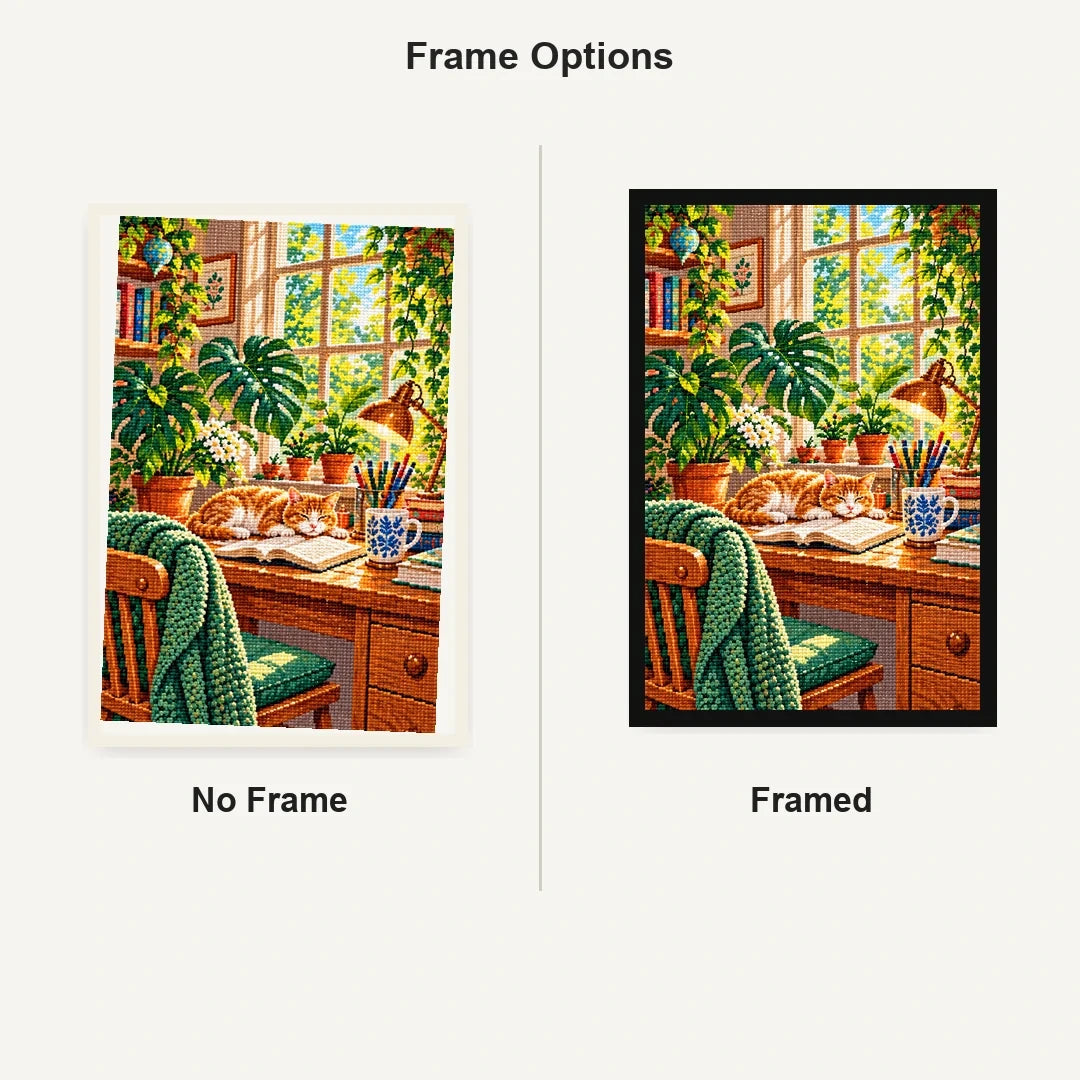 Plant Filled Desk Morning Light — No Frame and Framed style comparison