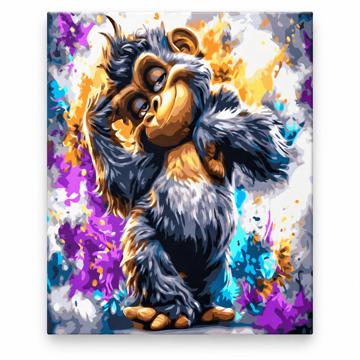 Playful Baby Chimpanzee paint by numbers artwork on a front-facing canvas against a white background