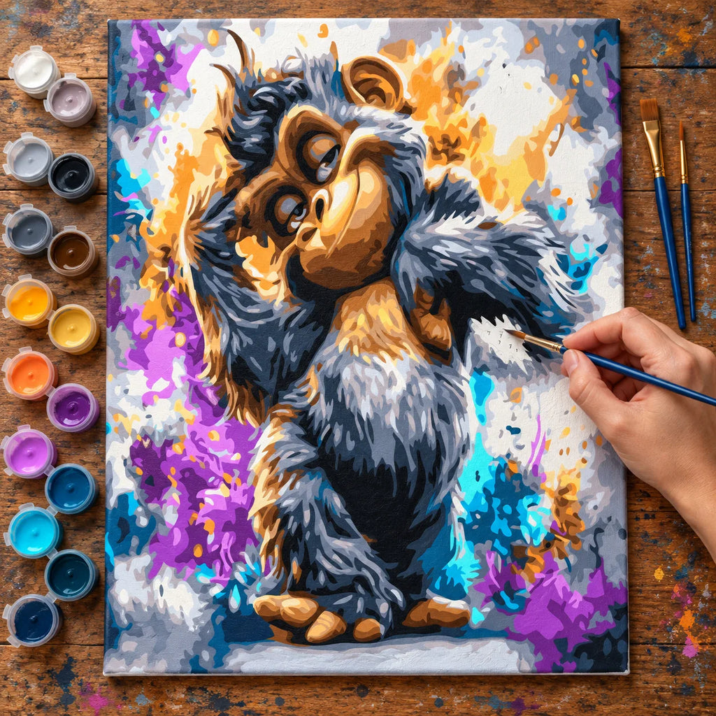 Complete Playful Baby Chimpanzee numbered canvas being painted with acrylic paints and brushes
