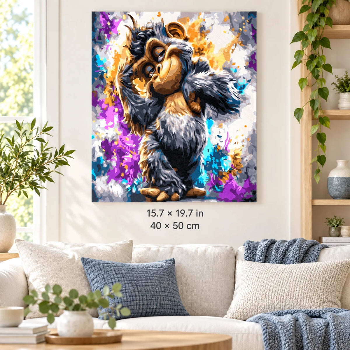 Playful Baby Chimpanzee shown in a styled room with 15.7 × 19.7 in and 40 × 50 cm dimensions