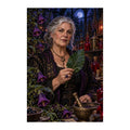 Original design of an older herbalist holding a green leaf among flowers and glass bottles.