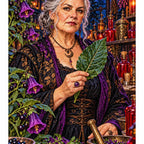 Finished diamond painting of a herbalist in a vivid poison garden.