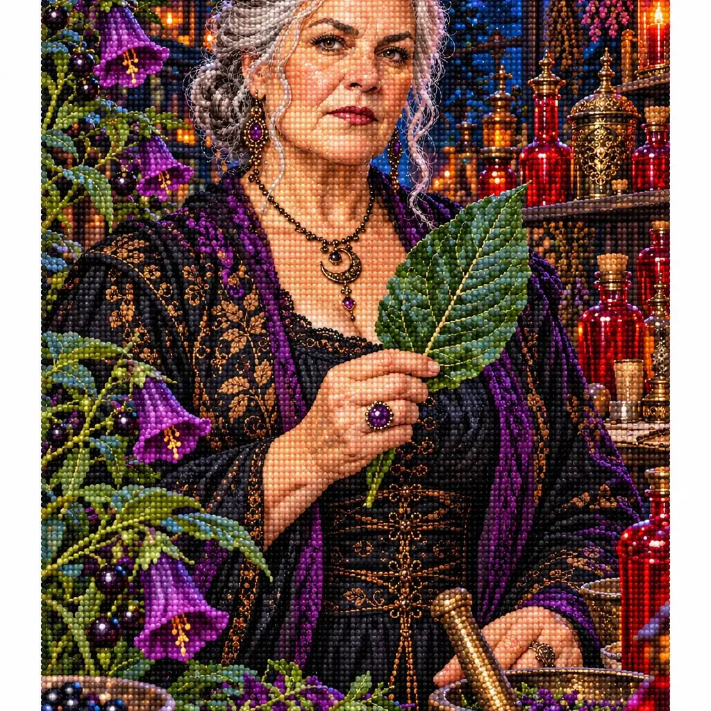 Finished diamond painting of a herbalist in a vivid poison garden.