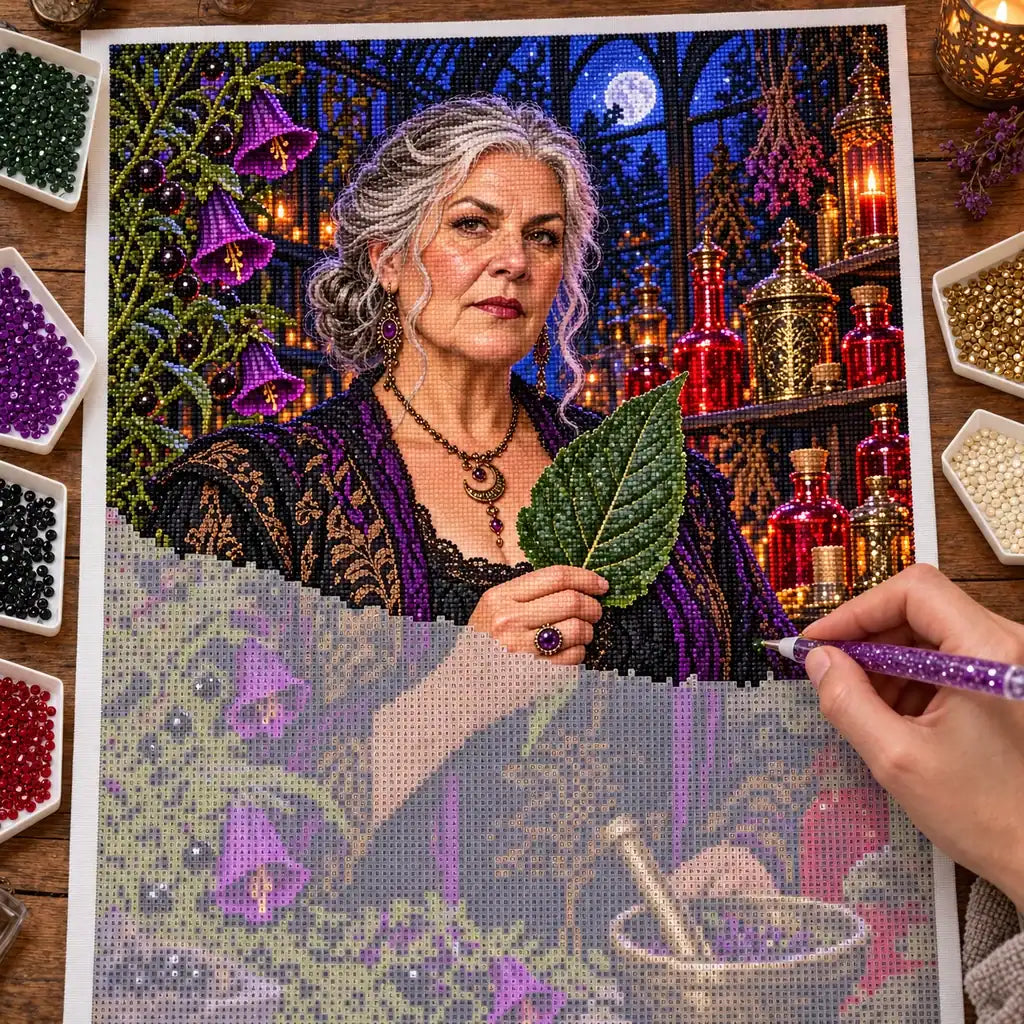 Hand placing drills on the poison garden herbalist canvas.