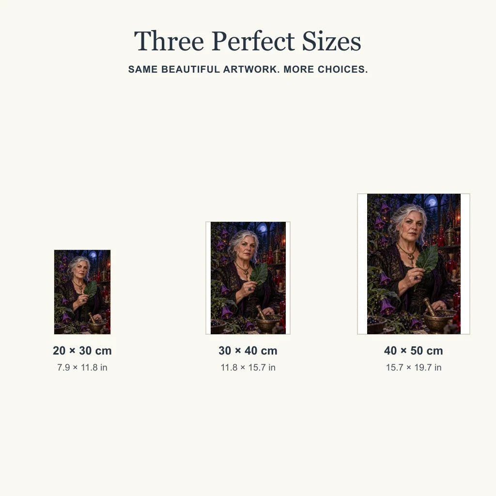 Three size options for the Poison Garden Herbalist diamond painting kit.