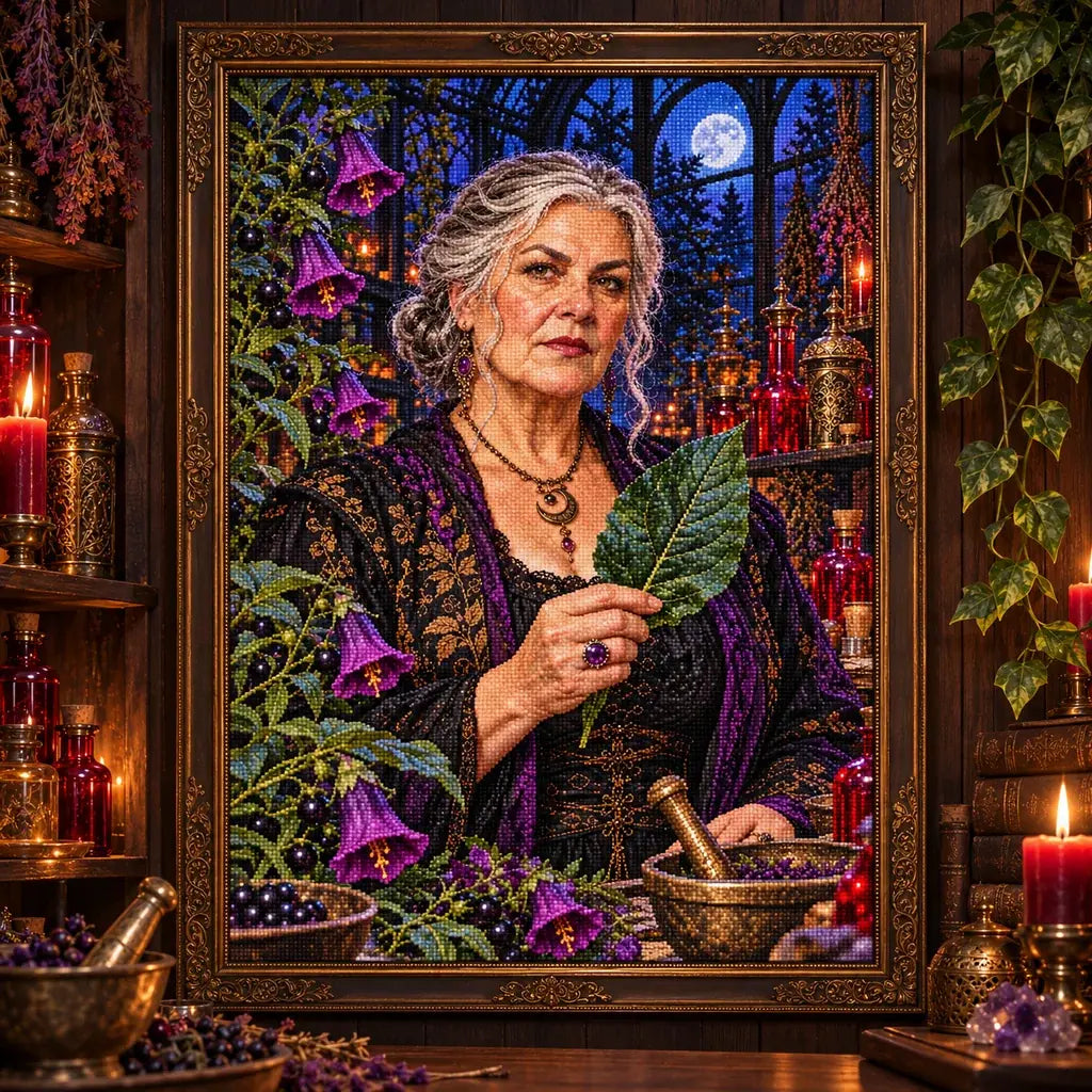 Framed Poison Garden Herbalist artwork displayed in a richly decorated room.