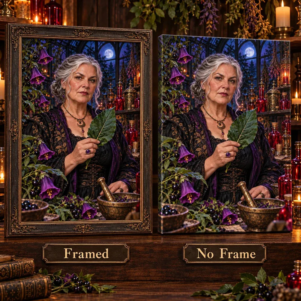 Framed and no-frame Poison Garden Herbalist designs shown side by side.