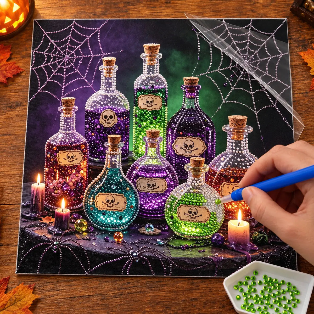 Poison Potion Bottles Pearl Diamond Painting Kit process image