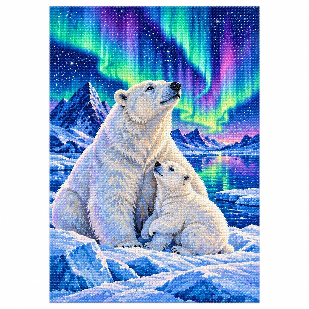 Polar Bear Aurora Diamond Painting Kit finished diamond artwork on white background
