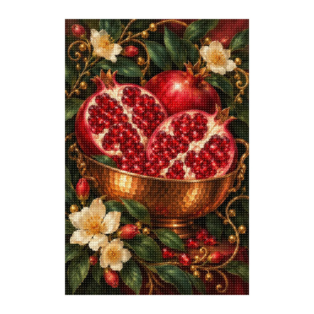 Finished white-background diamond painting of Pomegranate and Copper Bowl