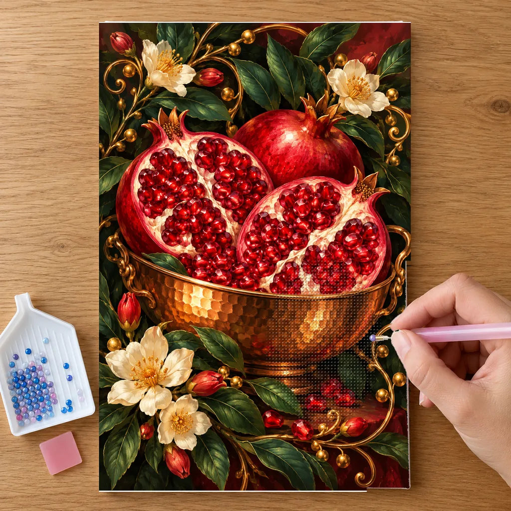 Hands placing drills on the Pomegranate and Copper Bowl diamond painting canvas
