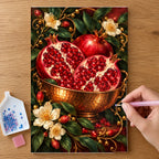 Hands placing drills on the Pomegranate and Copper Bowl diamond painting canvas
