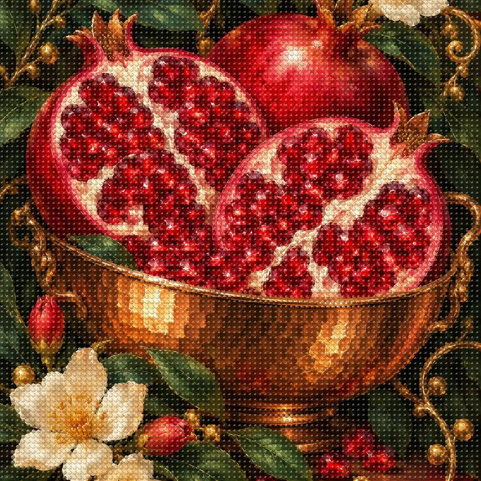 Close-up of sparkling drills on the Pomegranate and Copper Bowl design
