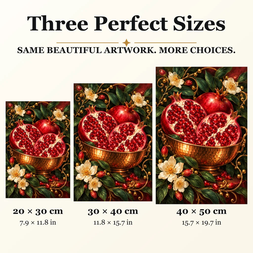 Pomegranate and Copper Bowl diamond painting in 20 by 30, 30 by 40, and 40 by 50 centimeter sizes