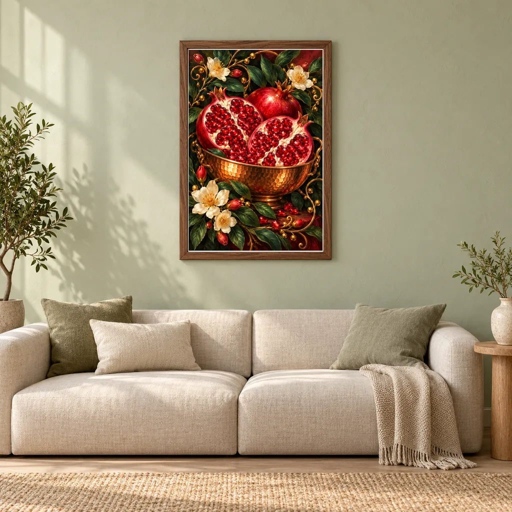 Framed Pomegranate and Copper Bowl diamond painting displayed in a home interior