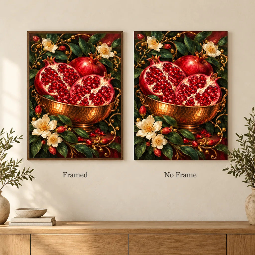 Framed and no-frame options for the Pomegranate and Copper Bowl diamond painting