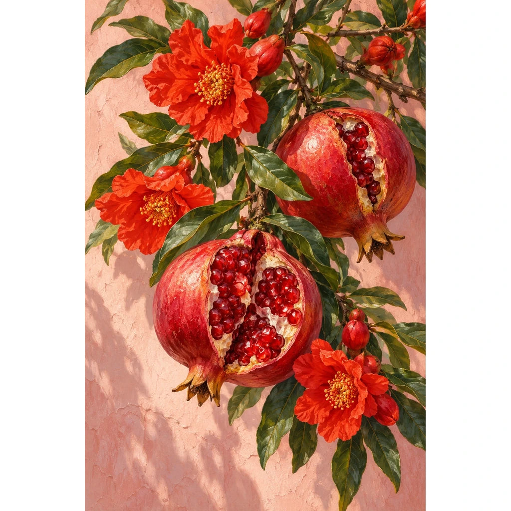 Pomegranate Blossoms on a Branch: original artwork on white background