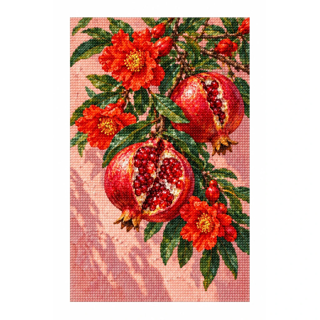 Pomegranate Blossoms on a Branch: complete diamond painting on white background