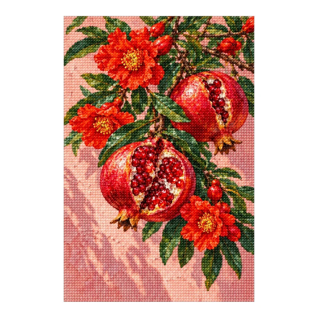 Pomegranate Blossoms on a Branch: complete diamond painting on white background