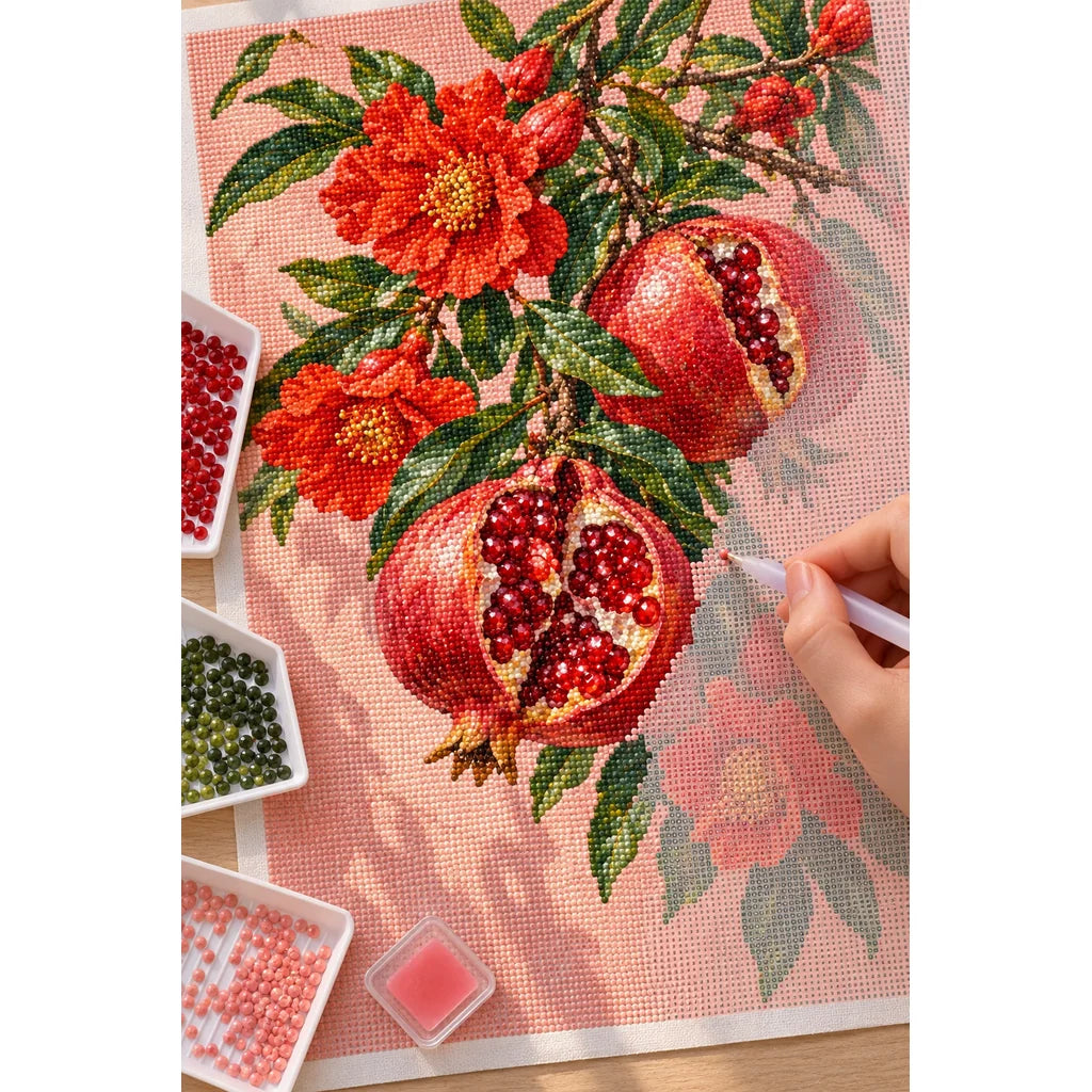 Pomegranate Blossoms on a Branch: diamond painting in progress