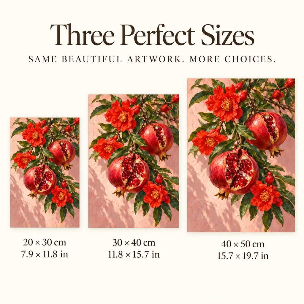 Pomegranate Blossoms on a Branch: 20 x 30, 30 x 40 and 40 x 50 cm size guide