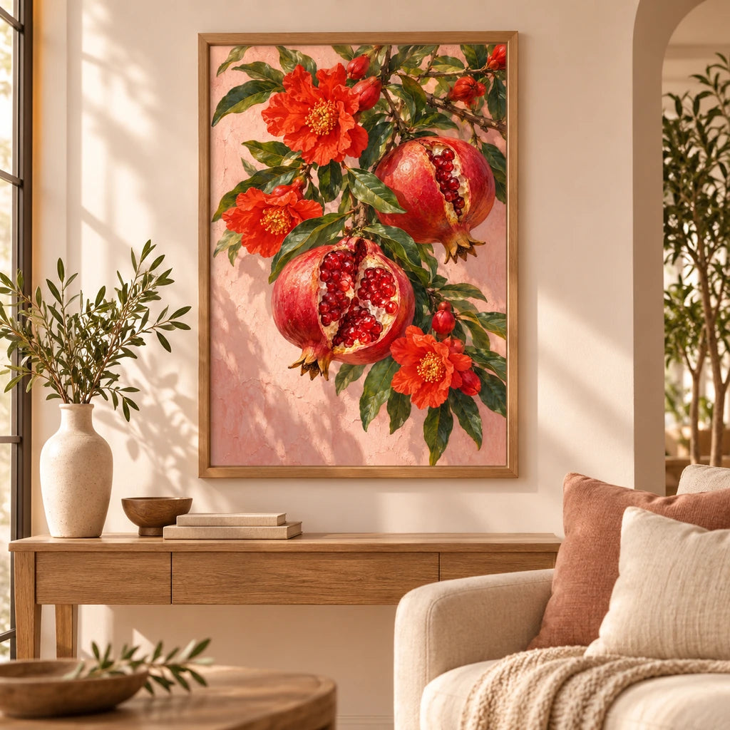 Pomegranate Blossoms on a Branch: finished artwork displayed in a home