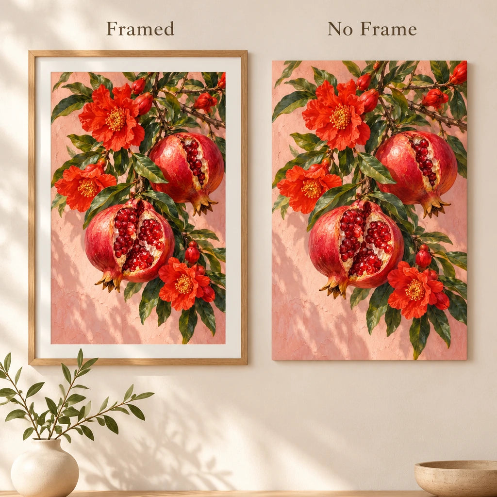 Pomegranate Blossoms on a Branch: framed and no-frame style comparison