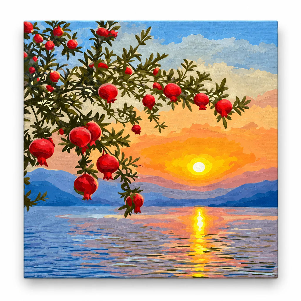 Pomegranate Sunset over the Lake paint by numbers artwork on a front-facing canvas against a white background