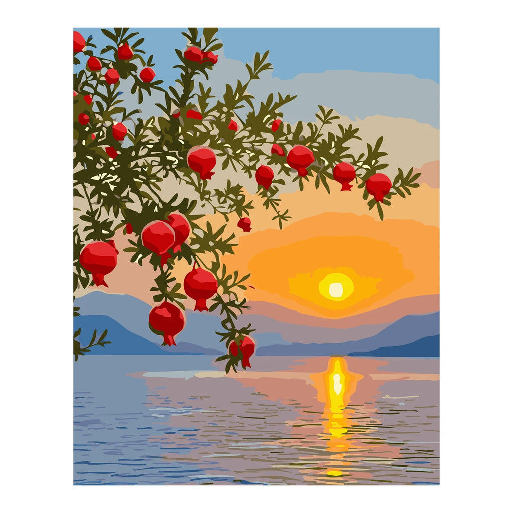 Pomegranate Sunset over the Lake completed artwork on a clean white background