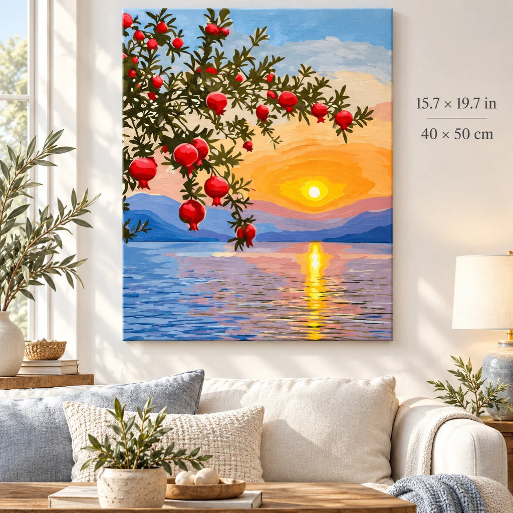 Pomegranate Sunset over the Lake shown in a styled room with 15.7 × 19.7 in and 40 × 50 cm dimensions