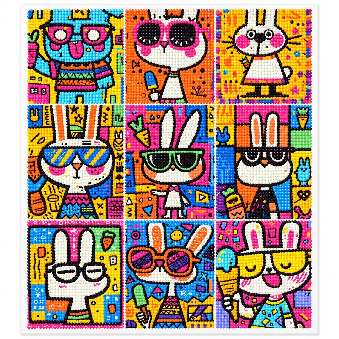 Pop Art Bunny Grid finished diamond artwork on white background