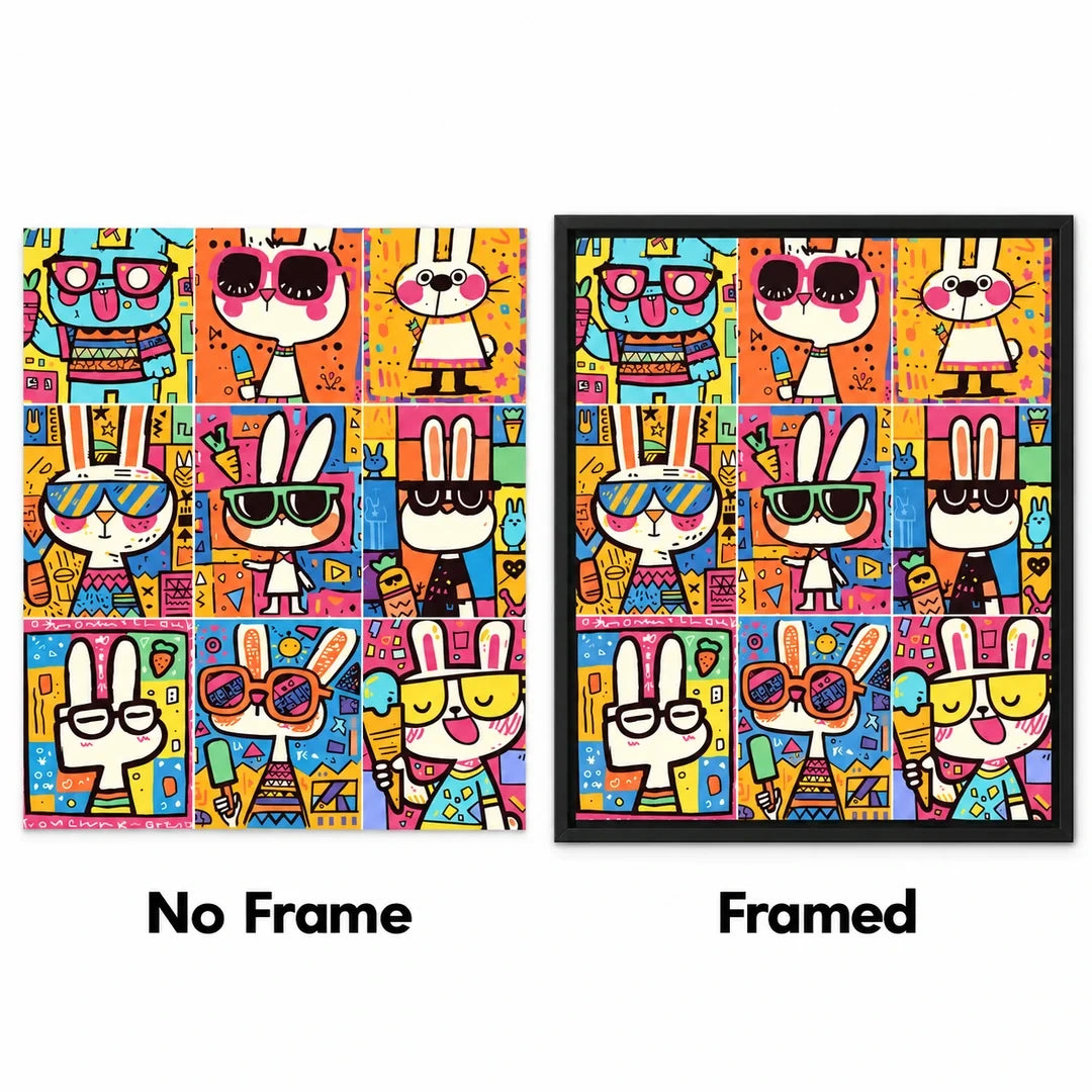 Pop Art Bunny Grid No Frame and Framed comparison
