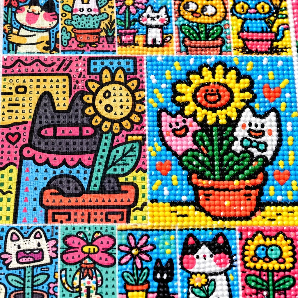 Pop Art Cat Flower Garden diamond and canvas detail