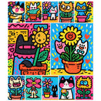 Pop Art Cat Flower Garden finished diamond artwork on white background