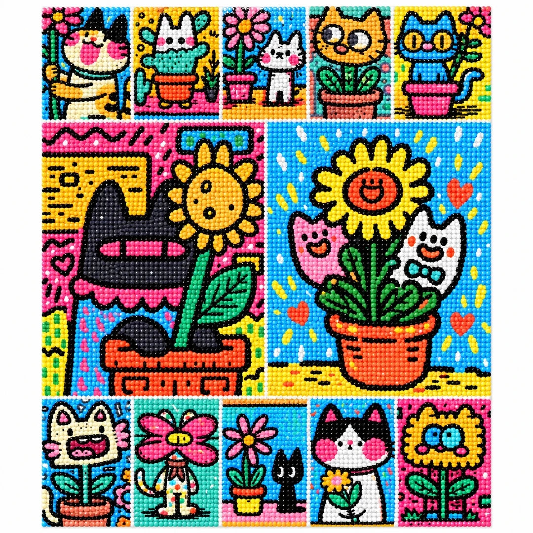 Pop Art Cat Flower Garden finished diamond artwork on white background