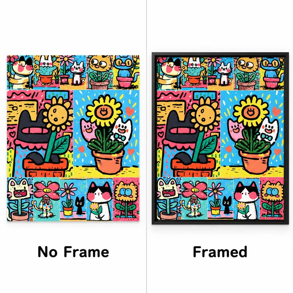 Pop Art Cat Flower Garden No Frame and Framed comparison