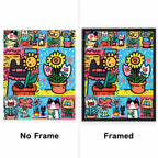 Pop Art Cat Flower Garden No Frame and Framed comparison