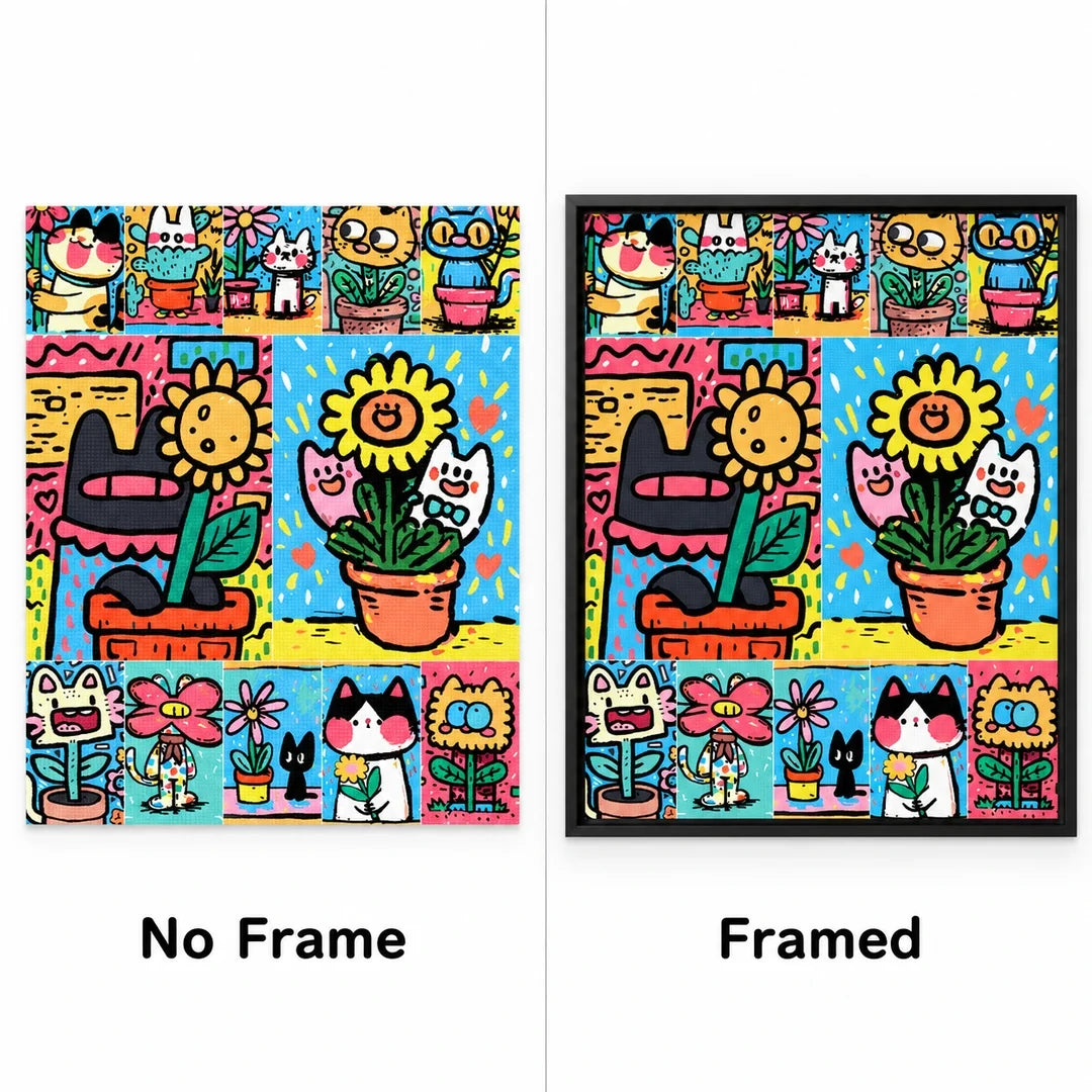 Pop Art Cat Flower Garden No Frame and Framed comparison